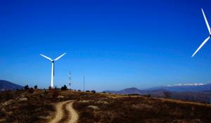 Image: wind turbines against a clear blue sky. Title: The Power of Divestment