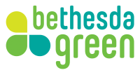 The Bethesda Green logo has 3 flower petals next to the words "Bethesda Green" with the letters "be" and "green" highlighted in a green color as if to read "Be Green"