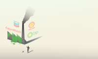 illustration of a person painting a grey chimney with smoke green. The logos of Chevron, Exxon Mobil, Shell, and BP are faded in the background.
