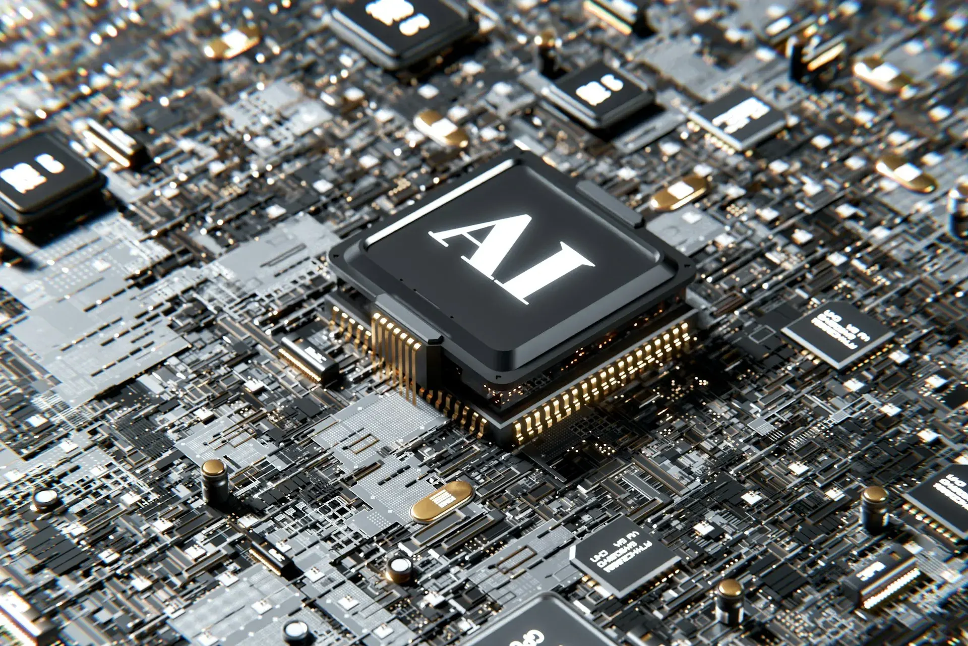 Close-up photograph of a black computer processor chip labeled 'AI' mounted on a circuit board, surrounded by various electronic components, gold pins, and circuitry